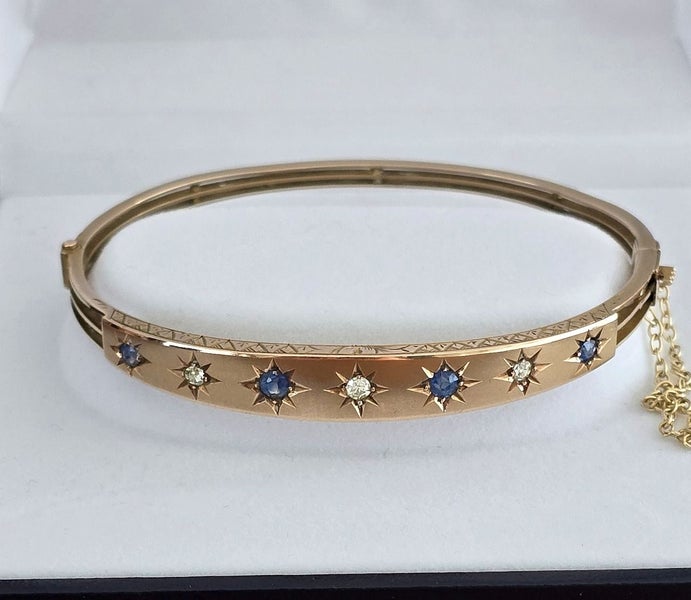 Edwardian 1900's hinged bangle 9ct rose gold - Diamonds and Ceylon Sapphires Carousel 1