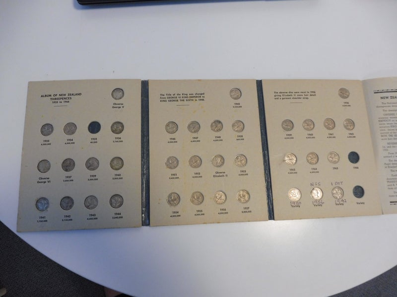NZ 1933/65 THREEPENCES COIN SET PLUS VARIETIES IN A -J B DARK GREY ALBUM Carousel 2