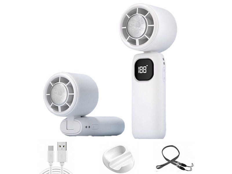 100 Speeds USB Digital Display Cooling Fan with Lanyard and Phone Holder White Carousel 1