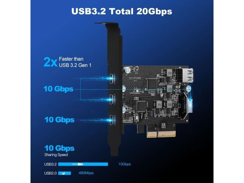 PCI-e To USB 3.2 Gen 2 5ports Card With 20Gbps Bandwidth 3xUSB-C 1xA-Key 20 Pin Carousel 1