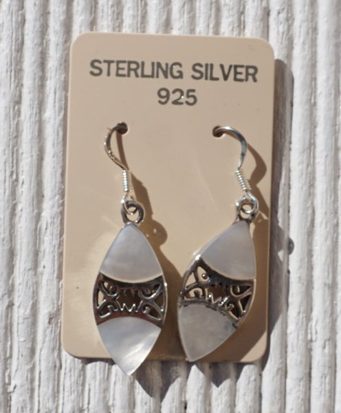 Sterling Silver, Mother of Pearl Dangly Earrings - Maori Motif Style Carousel 2