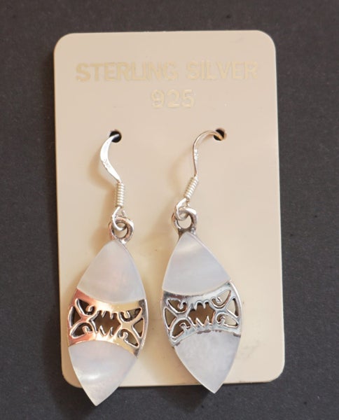 Sterling Silver, Mother of Pearl Dangly Earrings - Maori Motif Style Carousel 1