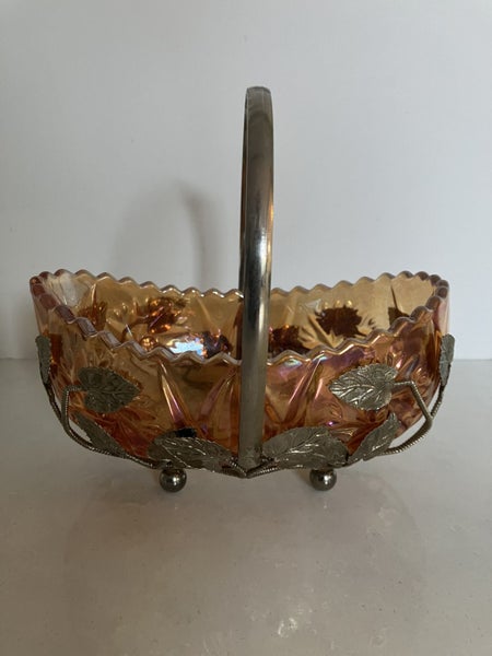 Rare Sowerby Marigold Carnival Glass Art deco Boat shaped dish in metal No. 248063615879024385115