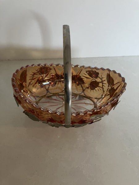 Rare Sowerby Marigold Carnival Glass Art deco Boat shaped dish in metal No. 248063615879024385111