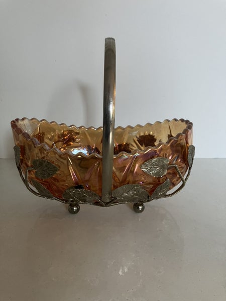 Rare Sowerby Marigold Carnival Glass Art deco Boat shaped dish in metal No. 248063615879024385113