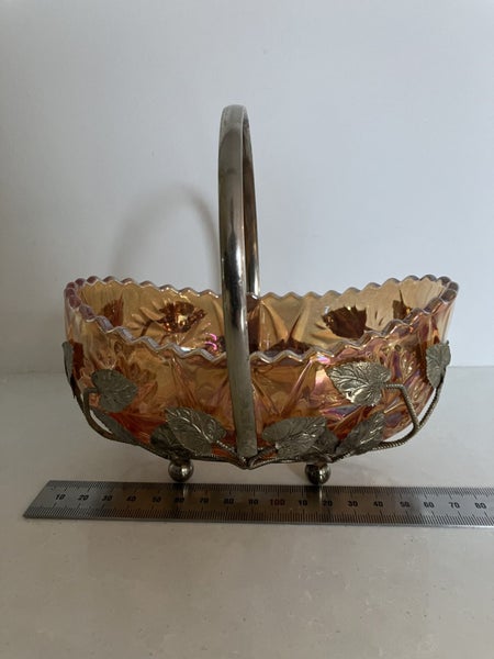 Rare Sowerby Marigold Carnival Glass Art deco Boat shaped dish in metal No. 248063615879024385114