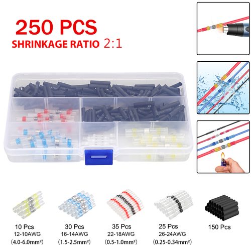 250pcs Solder Seal Sleeve Heat Shrink Butt Wire Connectors Terminals Carousel 1