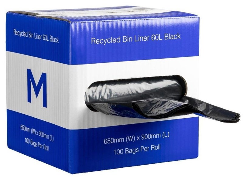 Recycled Bin Liner,Rubbish bags 60L - Black, 650mm x 900mm x 30mu (Box Of 100) Carousel 1