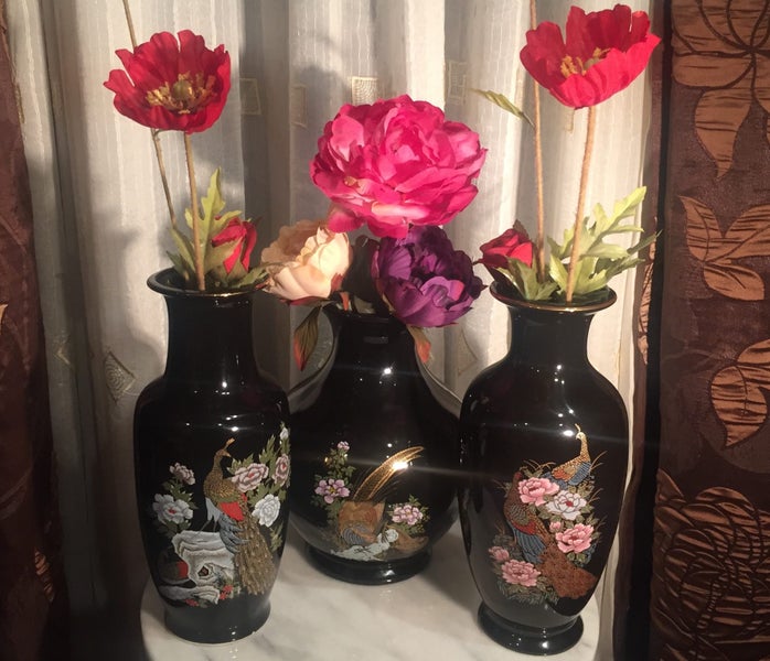 TRIO of ORNATE VINTAGE CHINESE CERAMIC ENAMEL VASES with BIRDS & FLOWERS MOTIF Carousel 1