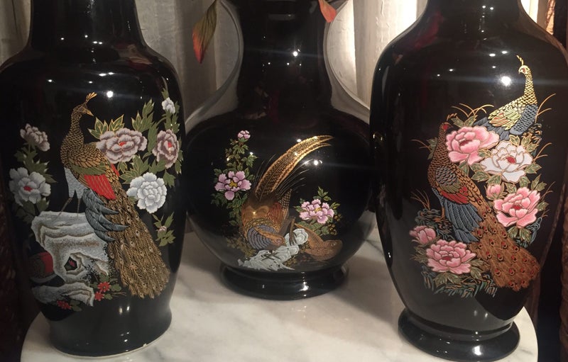 TRIO of ORNATE VINTAGE CHINESE CERAMIC ENAMEL VASES with BIRDS & FLOWERS MOTIF Carousel 2