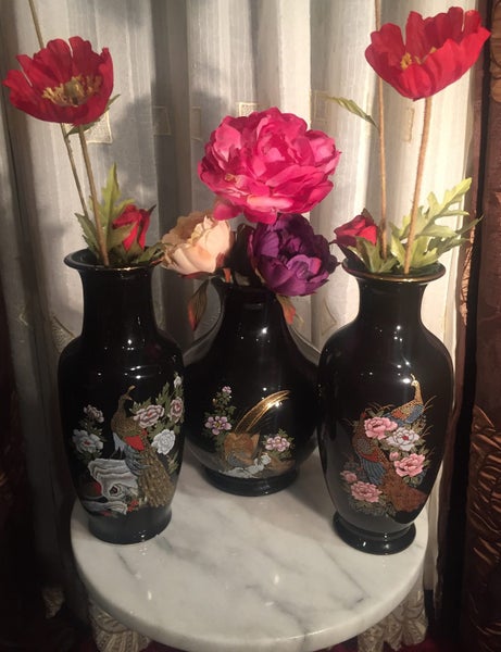 TRIO of ORNATE VINTAGE CHINESE CERAMIC ENAMEL VASES with BIRDS & FLOWERS MOTIF Carousel 20