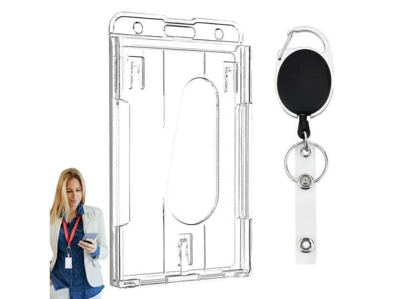 1pc Transparent Double Badge Holder Vertical 2 Card Badge Holder With Thumb Carousel 2