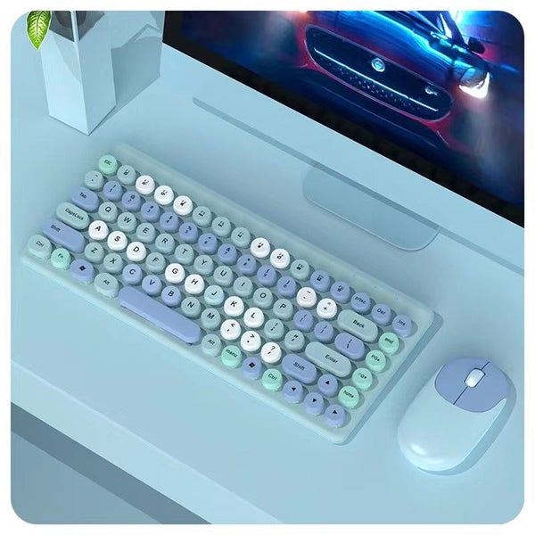 Blue Wireless Keyboard Mouse Combo Retro Round Keycaps 2.4Ghz Ergonomic Design Carousel 2