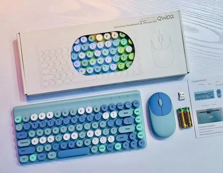 Blue Wireless Keyboard Mouse Combo Retro Round Keycaps 2.4Ghz Ergonomic Design Carousel 1