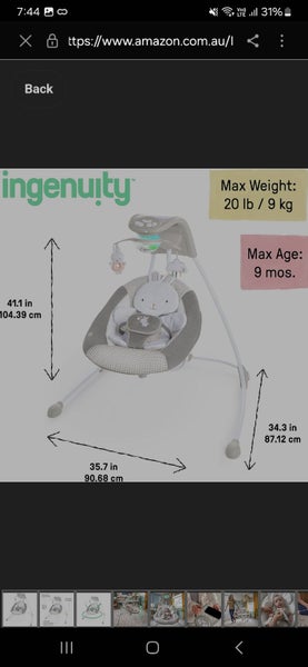 Ingenuity Baby Swing – Twinkle Tails Grey (Near New, RRP $329!) Carousel 2