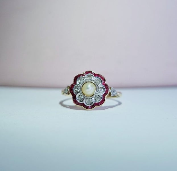 ANTIQUE 18CT GOLD DIAMOND PEARL AND RUBY RING Carousel 1