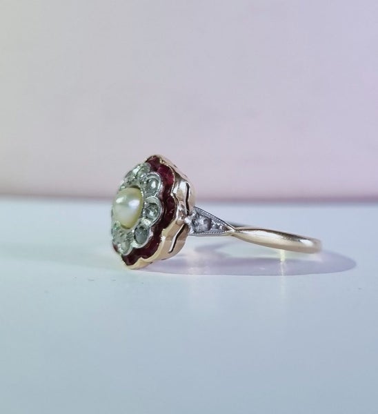 ANTIQUE 18CT GOLD DIAMOND PEARL AND RUBY RING Carousel 2