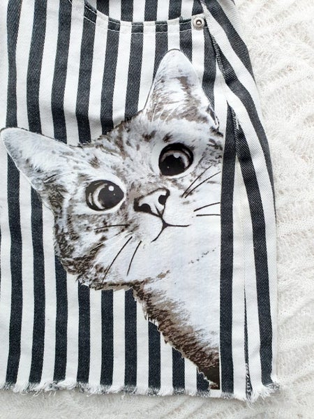 Marcellax Upcycled Peeking Cat Stripped Mini Skirt One of a Kind Size 1463617318994817111