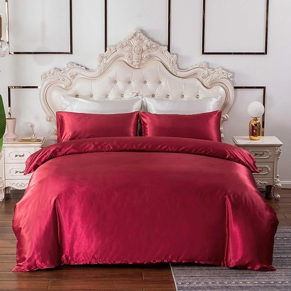 Queen Quilt Cover Silk Satin Bedding Set-Wine Red Carousel 1