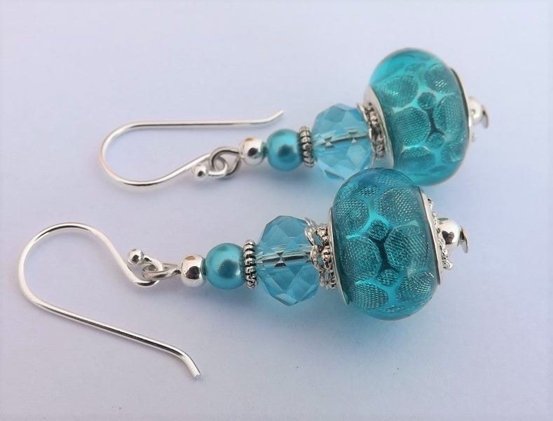 Aqua Blue Glittery Acrylic Handmade Bead Earrings Carousel 2