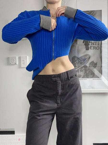 JW Anderson Cobalt Blue Asymmetrical Ribbed Cardigan Carousel 1