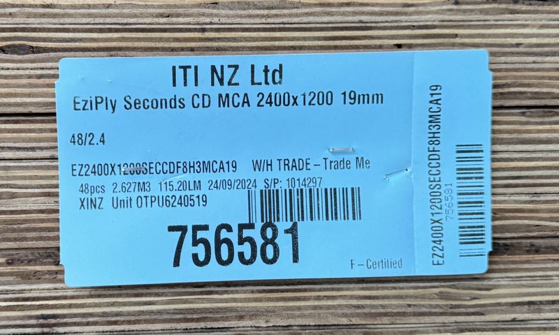 STRUCTURAL PLY, CD GRADE, F8, 2400 x 1200 x 19mm, H3.2, SECONDS - 48 SHEETS64449173094913114