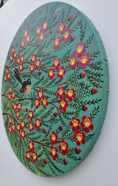 Fantail and Manuka Blossoms Painting - 'Tiny Messenger '.63616842824323112
