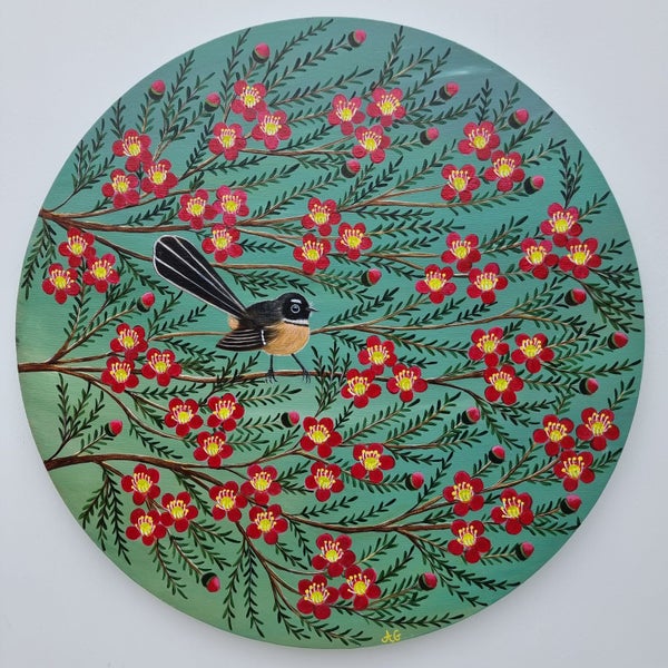 Fantail and Manuka Blossoms Painting - 'Tiny Messenger '.63616842824323113