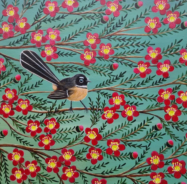 Fantail and Manuka Blossoms Painting - 'Tiny Messenger '.63616842824323114