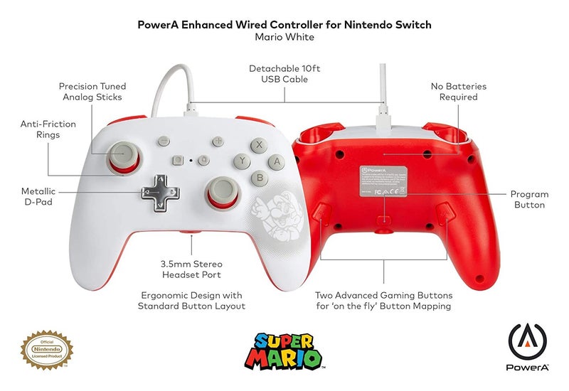 Nintendo Controller PowerA Switch Mario White Wired Controller 3.5mm Audio Jack63615595578115111