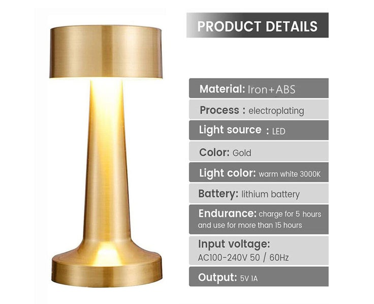 Desk Lamp LED Rechargeable Cordless Touch USB Dimming Table Light-Gold Carousel 2