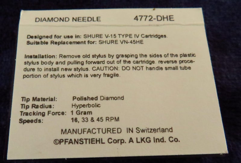 Replacement Stylus for SHURE V-15 TYPE IV Cartridge - Pfanstiehl 4772-DHE Carousel 2