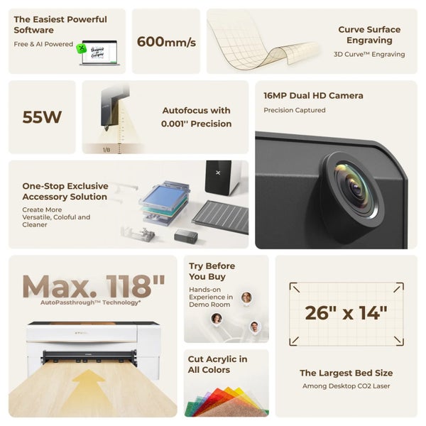 xTOOL Laser Engraver & Cutter P2S 55W Grey, ClassIV Advanced Bundle Pack Grey, Carousel 2