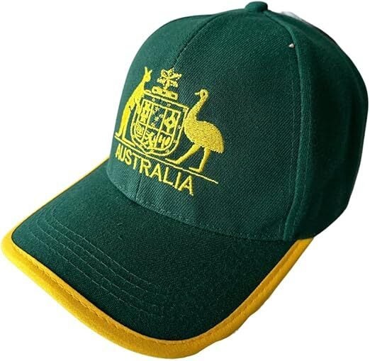 Australia Baseball Cap - Green & Gold with Kangaroo & Emu Design, Adjustable Fit Carousel 1