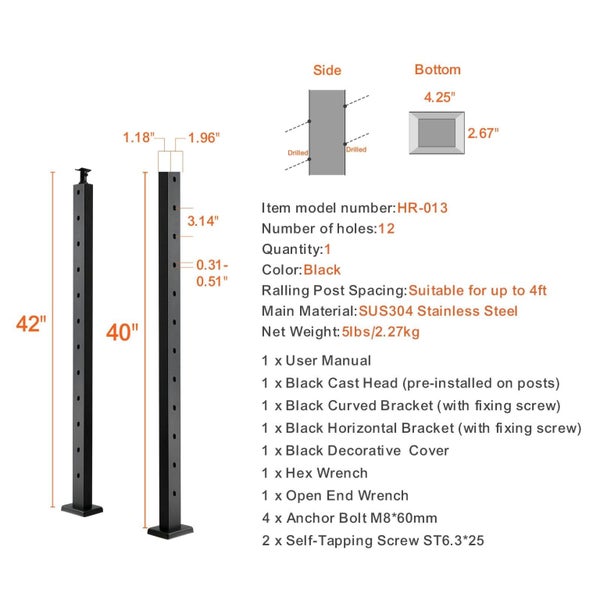 Cable Railing Post 42" X 1" X 2" Steel Angled Hole Stair Railing Post 12 Pre-... Carousel 2