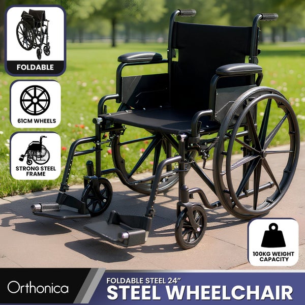 24In Foldable Steel Wheelchair In Black Steel Frame Heavy-Duty Disability Aid Carousel 2