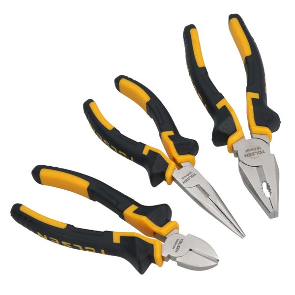 3pc Plier Set Combination / Long Nose / Cutter Snips Cushion Soft PVC Grip Carousel 1