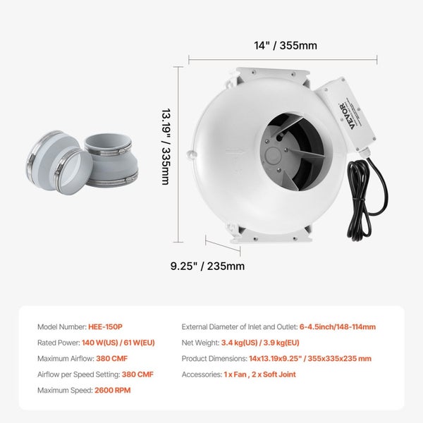 4" To 4.5" Radon Mitigation Fan System Quiet 380Cfm Inline Duct Waterproof Carousel 2