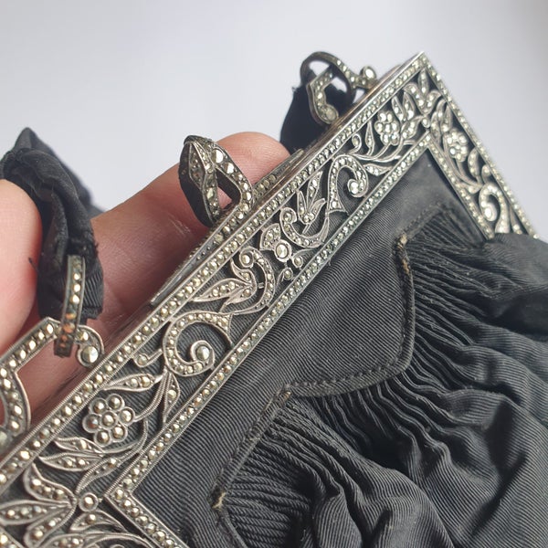 Antique Victorian French Sterling Marcasite And Black Stain Handbag Carousel 1