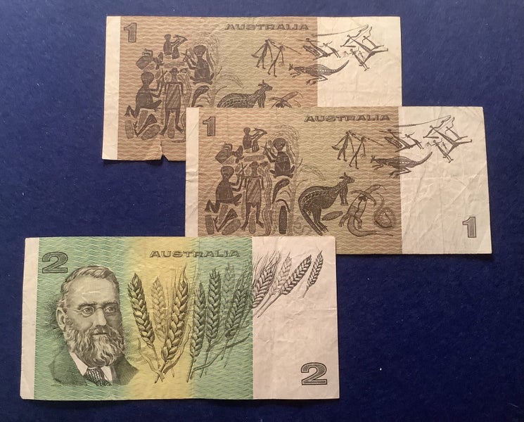 Australia 1980s One & Two Dollar notes - circulated Carousel 3