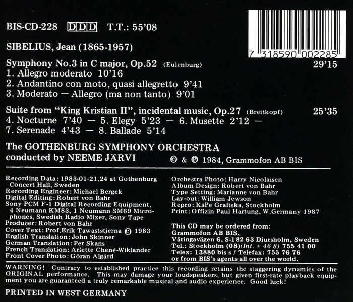 SIBELIUS: Symphony No.3/ Suite "King Kristian II" -Gothenberg S. O./ Neeme Jarvi Carousel 2