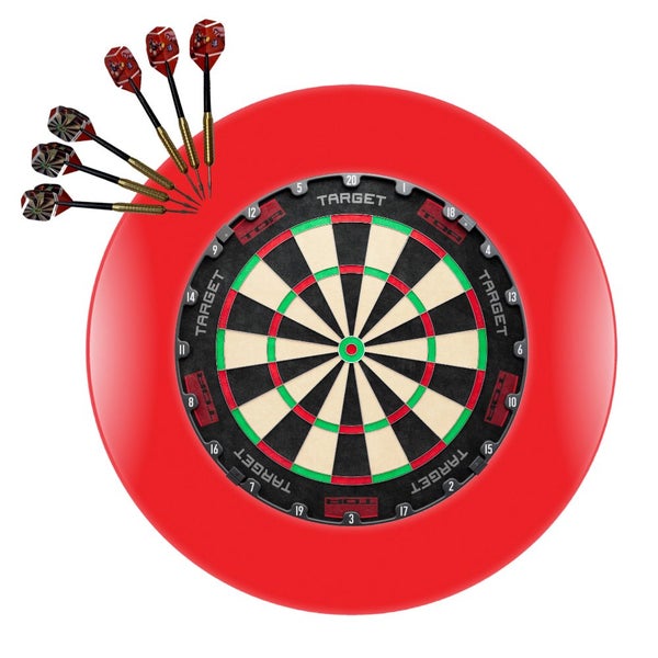 Target Darts TOR Dart Board + Winmau Red Surround + Darts Set Carousel 1