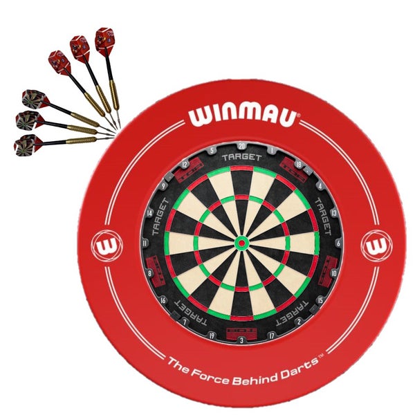Target Darts TOR Dart Board + Winmau Red Printed Surround + Darts Set Carousel 1