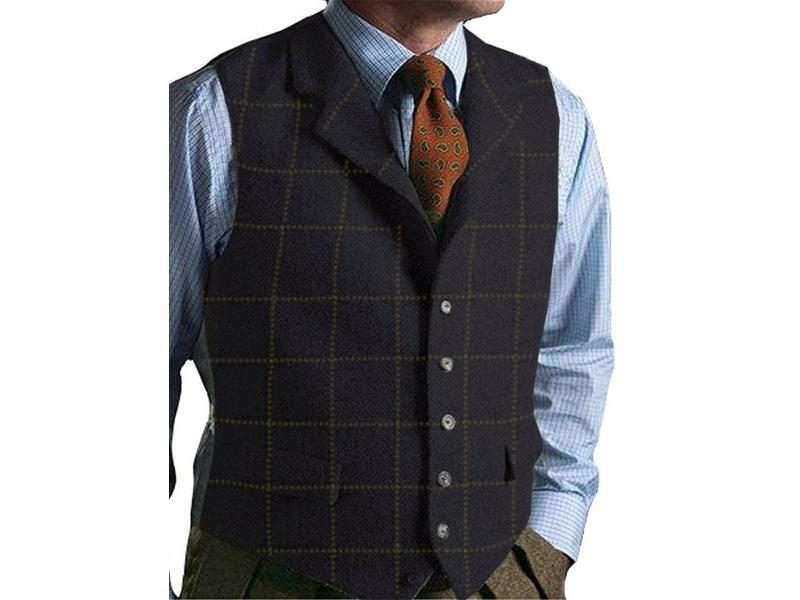 Green Men Vest Tweed Plaid Waistcoat Slim Fit Lapel Plaid Suit Vest Herringbone Carousel 1