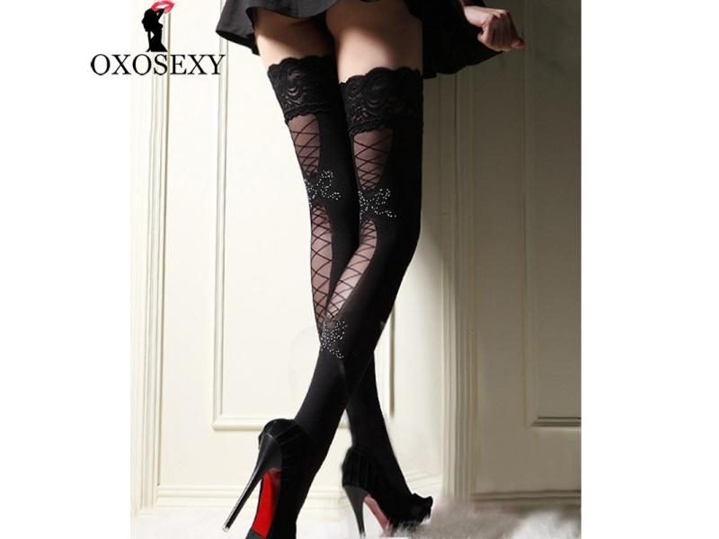 Hot Sale Bow Women Sexy Stockings Sheer Straps Lace Fishnet Mesh Top Thigh High Carousel 1