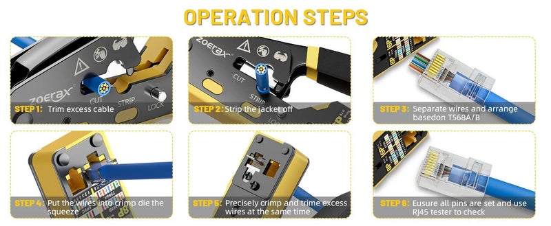 ZoeRax RJ45 Crimp Tool Pass Through Ethernet Crimping Tool Cat6 Cat5 Cat5e RJ45 Carousel 7