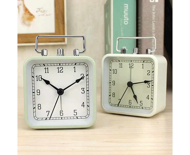 Battery Operated Alarm Clock with Square Metal Case, 3.7" Analog Quartz Small Carousel 6