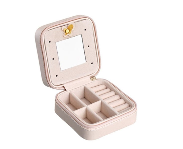 Small Jewelry Box Rings and Earrings Mirrored Travel Storage Case(Light Pink) Carousel 1