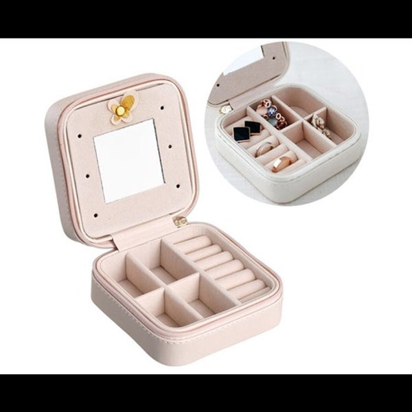 Small Jewelry Box Rings and Earrings Mirrored Travel Storage Case(Light Pink) Carousel 2