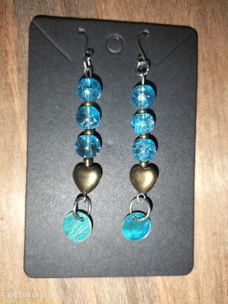 Crackle and Czech Glass Bead Earrings (Aqua and Bronze) with Paua discs Carousel 1